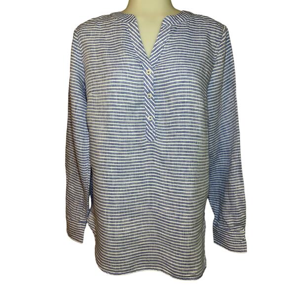 Talbots Women's Size XS Linen Roll Tab Sleeves Band Collar Popover Top Blouse - Picture 1 of 5